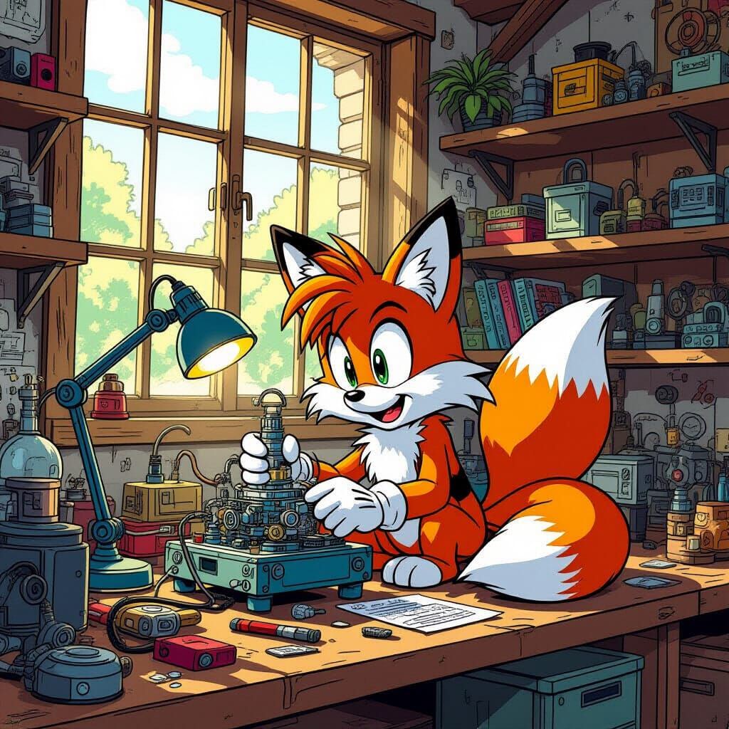 Tails the Fox Working on Invention in Comic Style Workshop