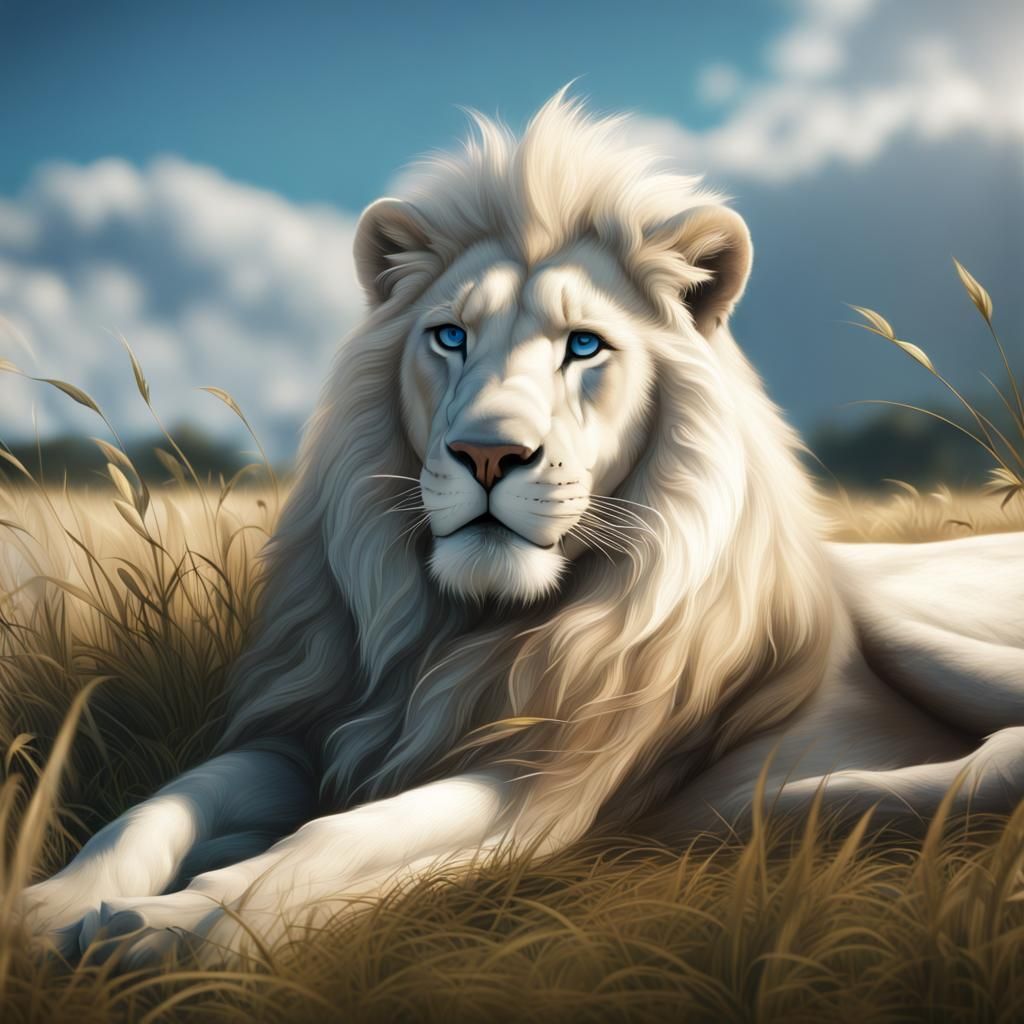 Majestic White Lion in Grassy Field