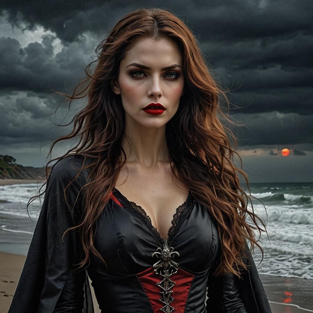 Beautiful Vampire on Beach at Twilight