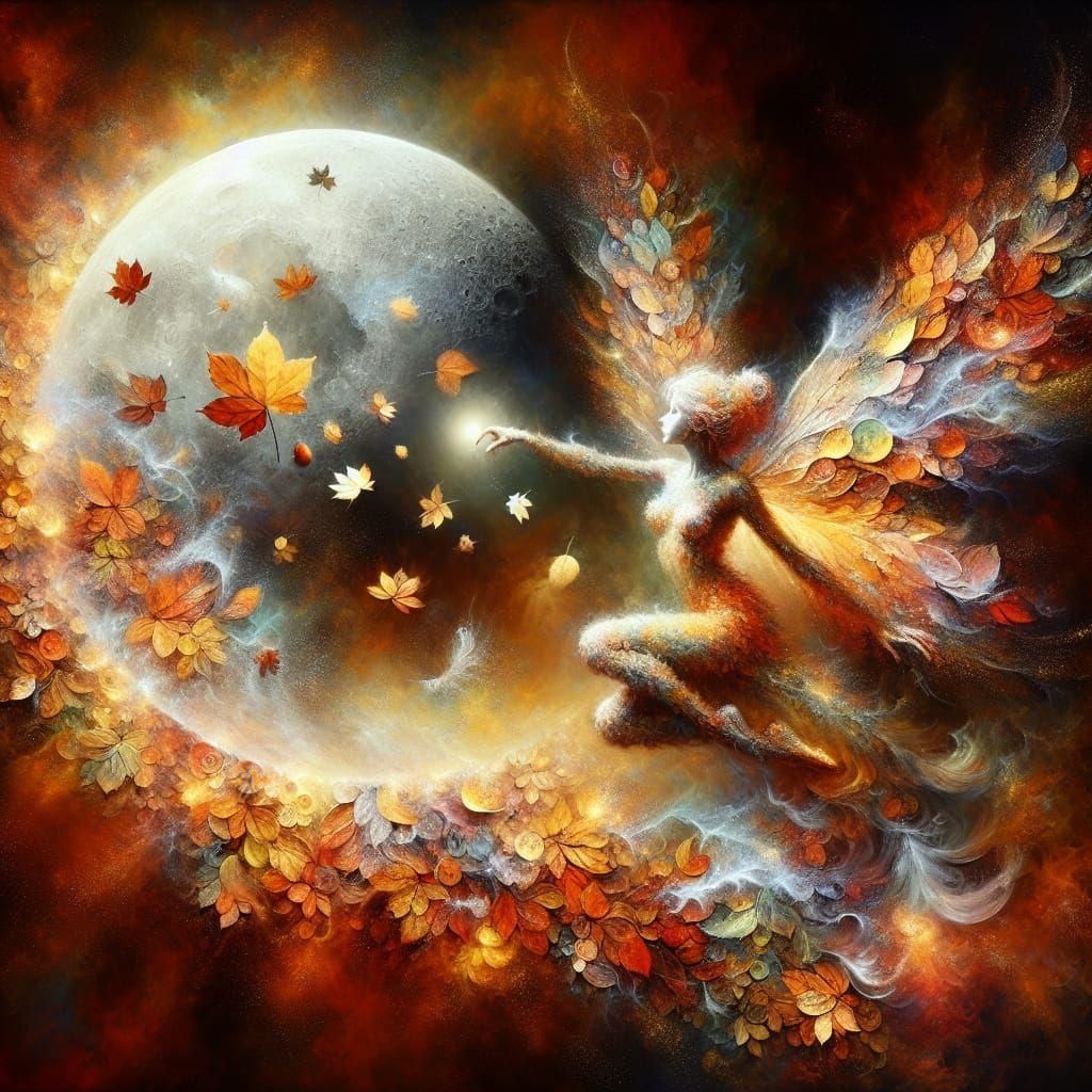 Autumn Fairy on the Moon Scattering Leaves