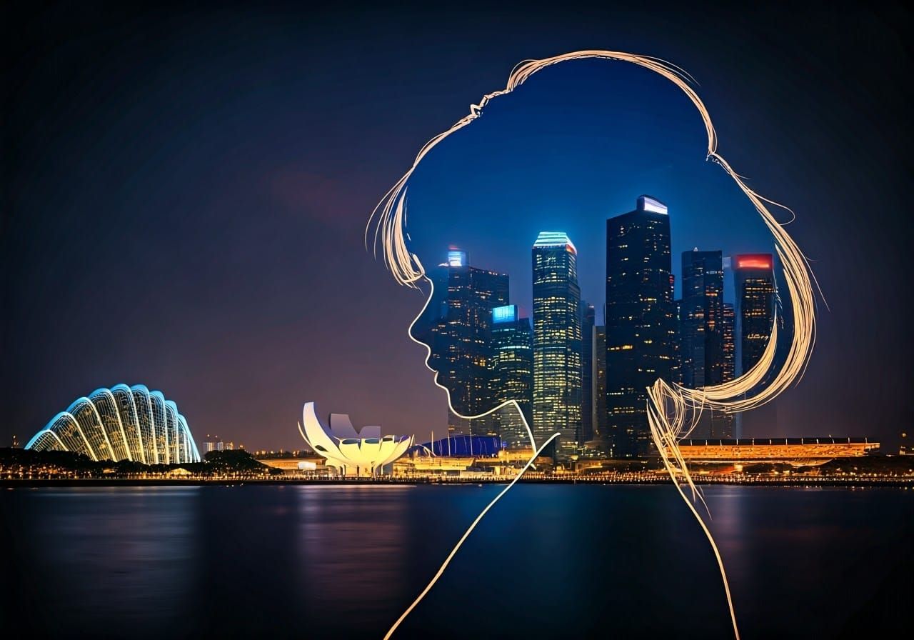 Geisha Silhouette Over Neon Singapore, Mystical Art