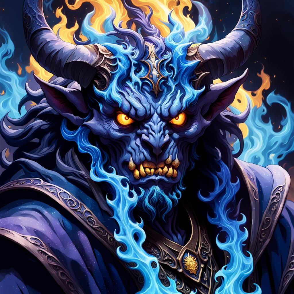 Two-Headed Demon Engulfed in Blue Flames