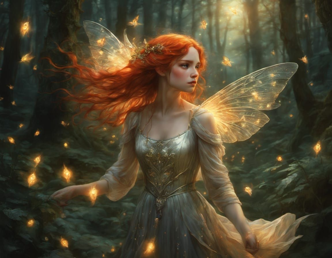 Ethereal Forest Nymph with Fireflies: Digital Art