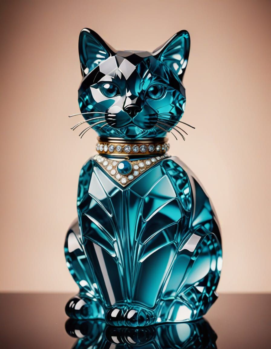 Art Deco Crystal Cat Perfume Bottle in Geometric Background