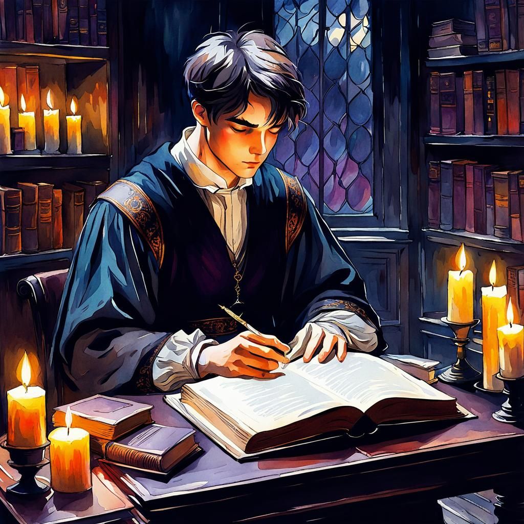 Gloomy Scholar Reading by Candlelight in Watercolor Style