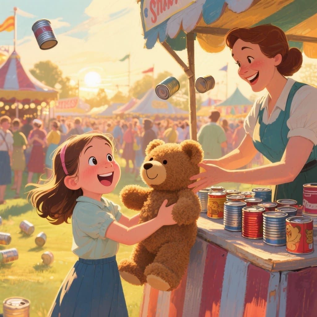 Girl Wins Giant Teddy Bear at Fair Illustration