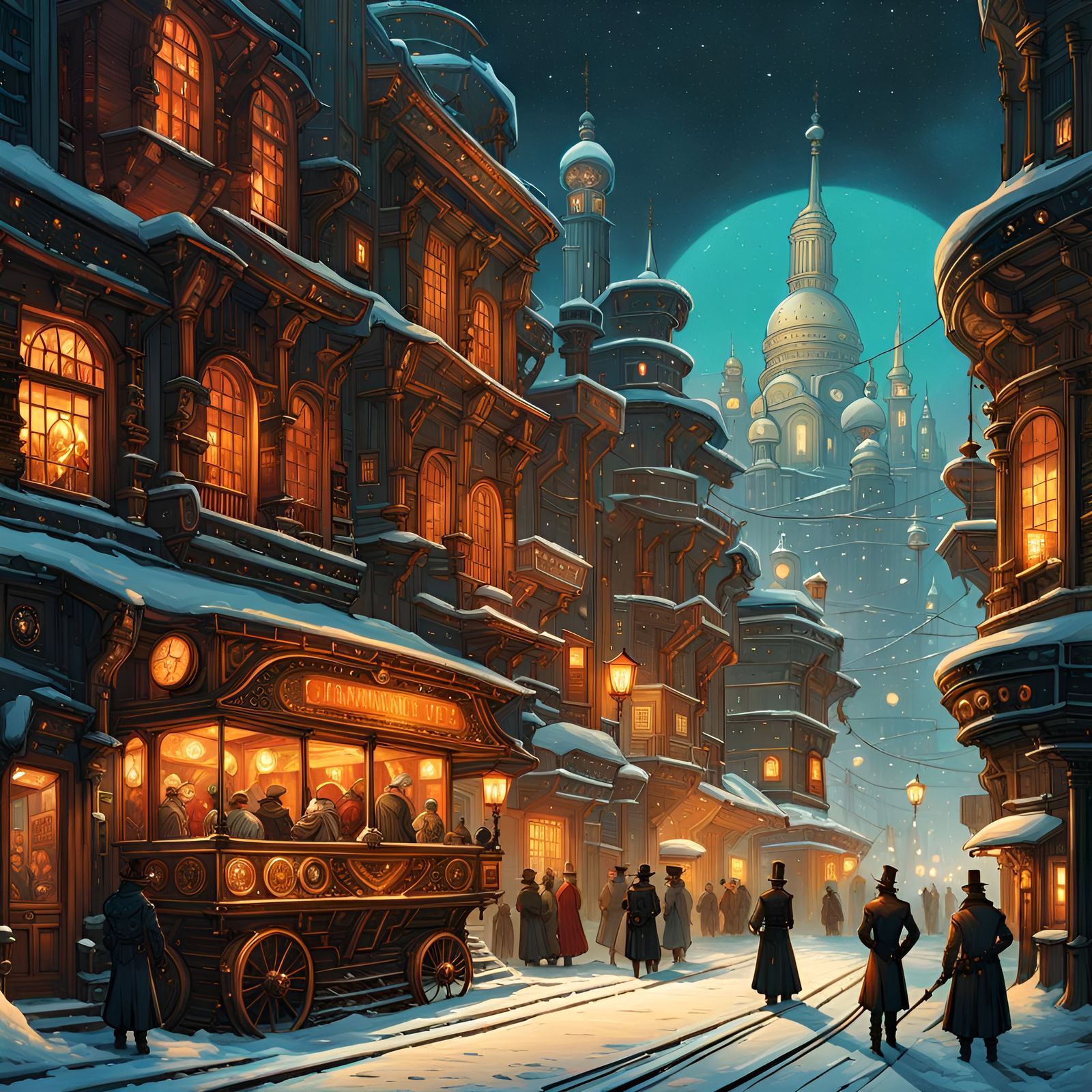 Steampunk City in Snow at Night