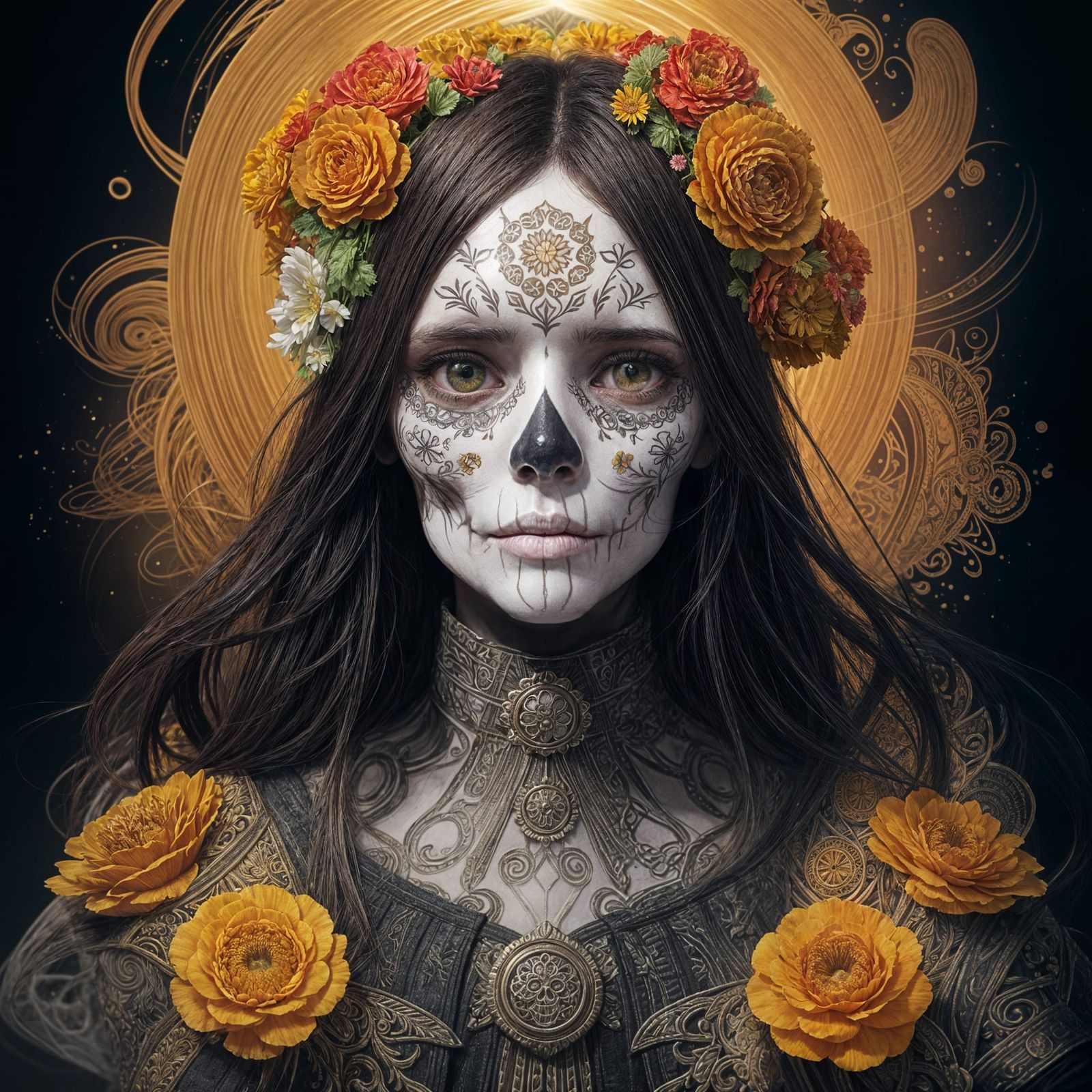 Vibrant Sugar Skull Portrait in Art Nouveau Style
