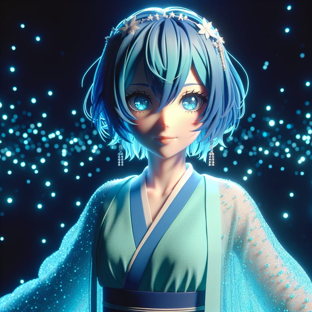 Anime Character in Aquamarine Gown, 3D Render