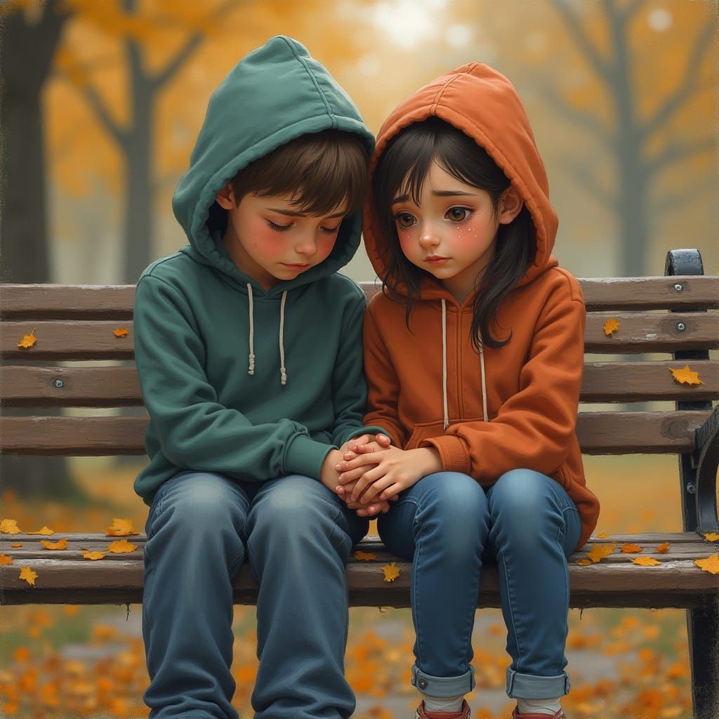 Heartbroken Teen Couple in Autumn Park