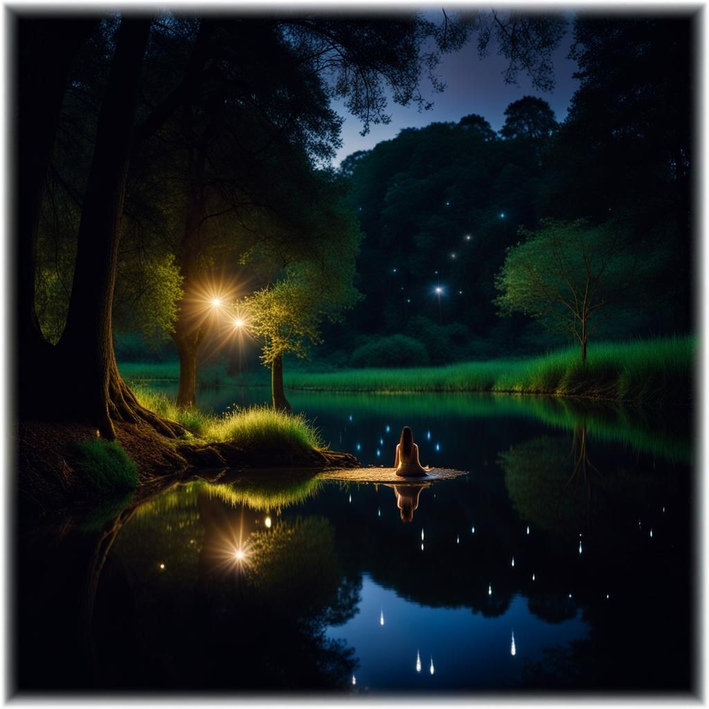 Enchanting Forest: Solitary Figure Meditating at Night