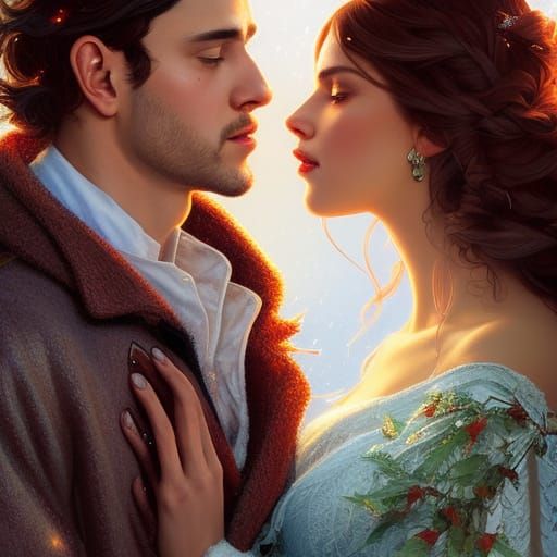 Romantic Kiss Under Fiery Mistletoe: Art Nouveau Portrait