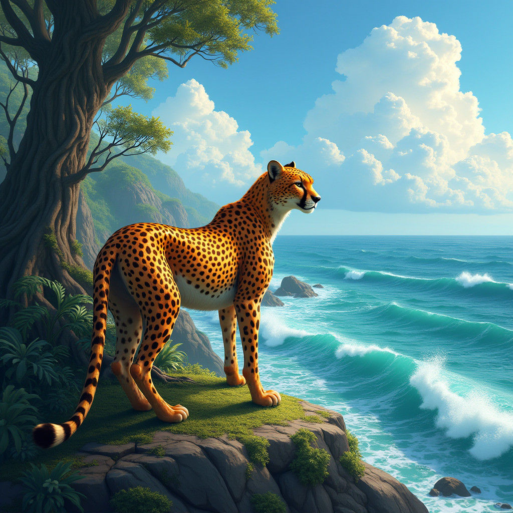 Cheetah Overlooking Ocean in Fantasy Matte Painting