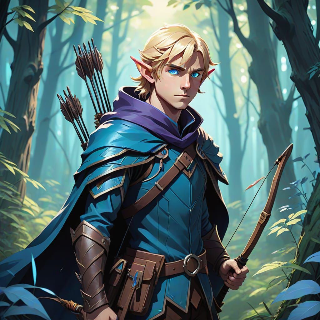 Elf Archer Hiding in Dark Forest, Manga Style