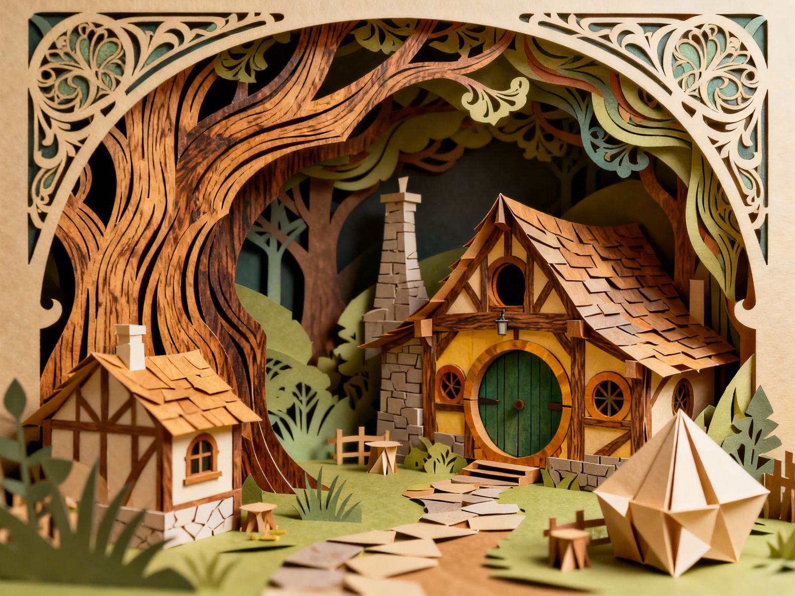 Hobbit Village Diorama in Paper Cutout Art Style