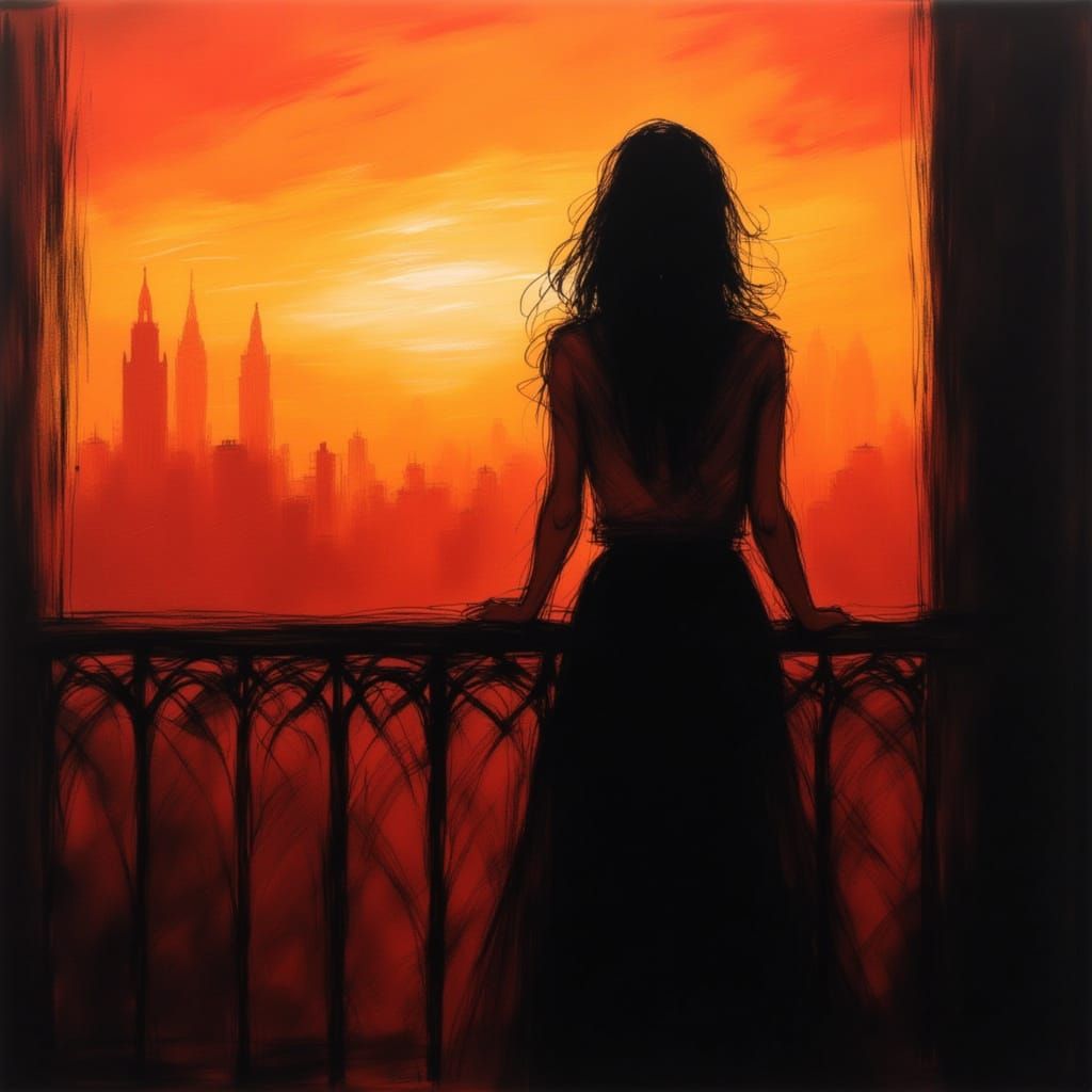 Ethereal Dawn Over City with Woman on Balcony