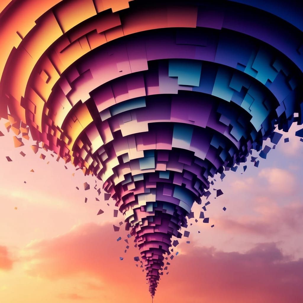 Mesmerizing Fragmented Funnel Storm in Vibrant Sunset Colors