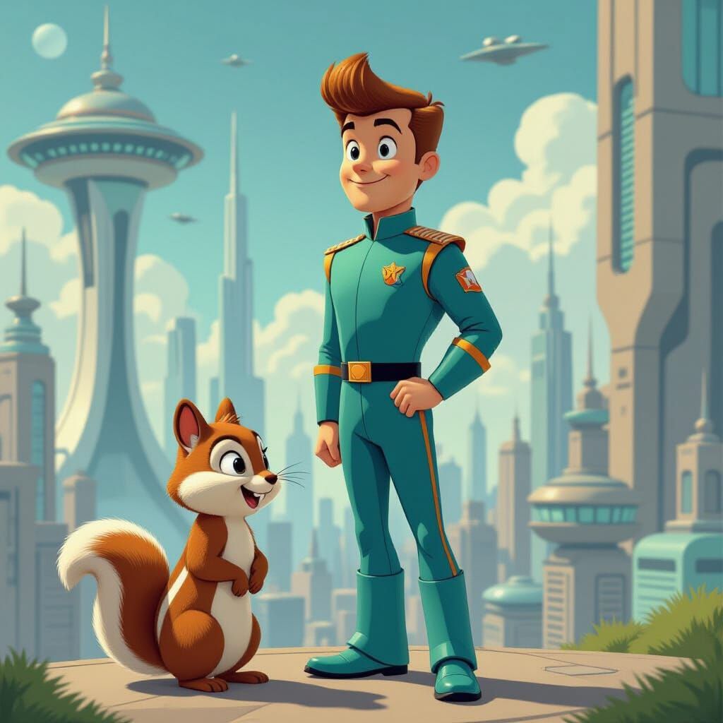 George Jetson and Chipmunk in Retro-Futuristic Cityscape