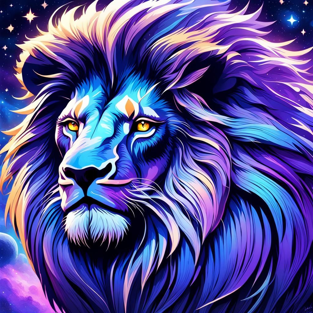 Cosmic Lion Portrait with Star Mane in Space