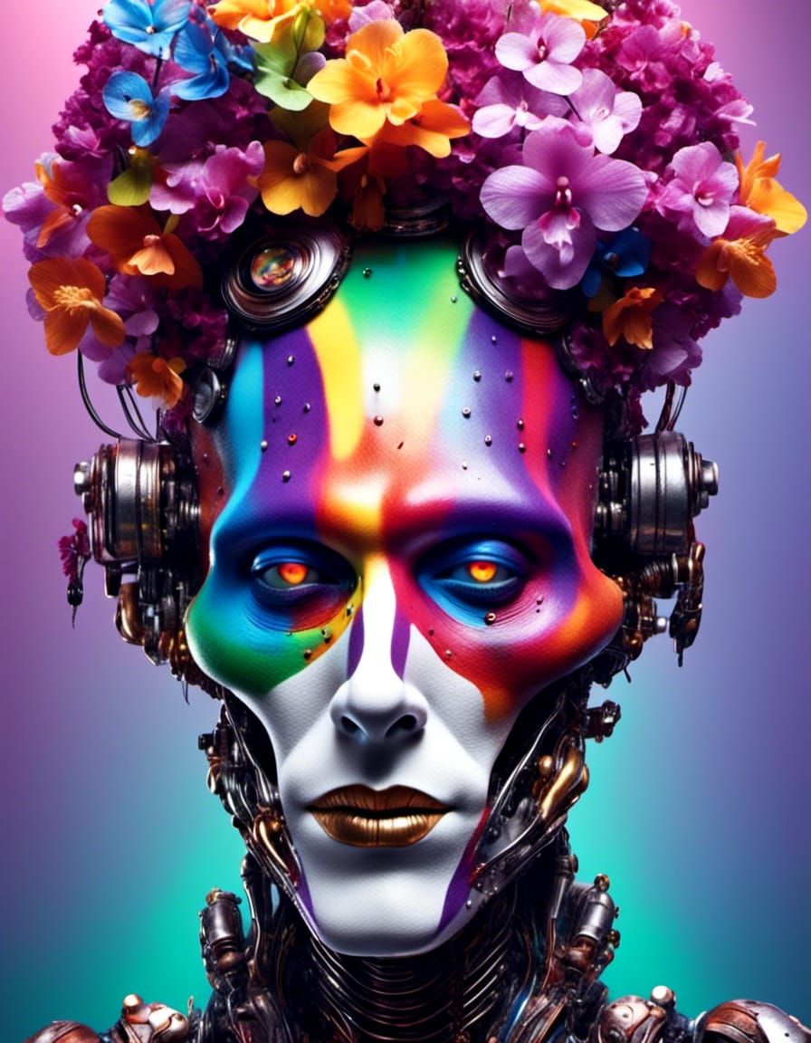 Rainbow Cyborg Clown Holding Caterpillar