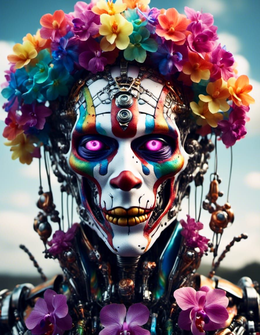 Rainbow Cyborg Clown Holding Caterpillar in Hyperreal Style