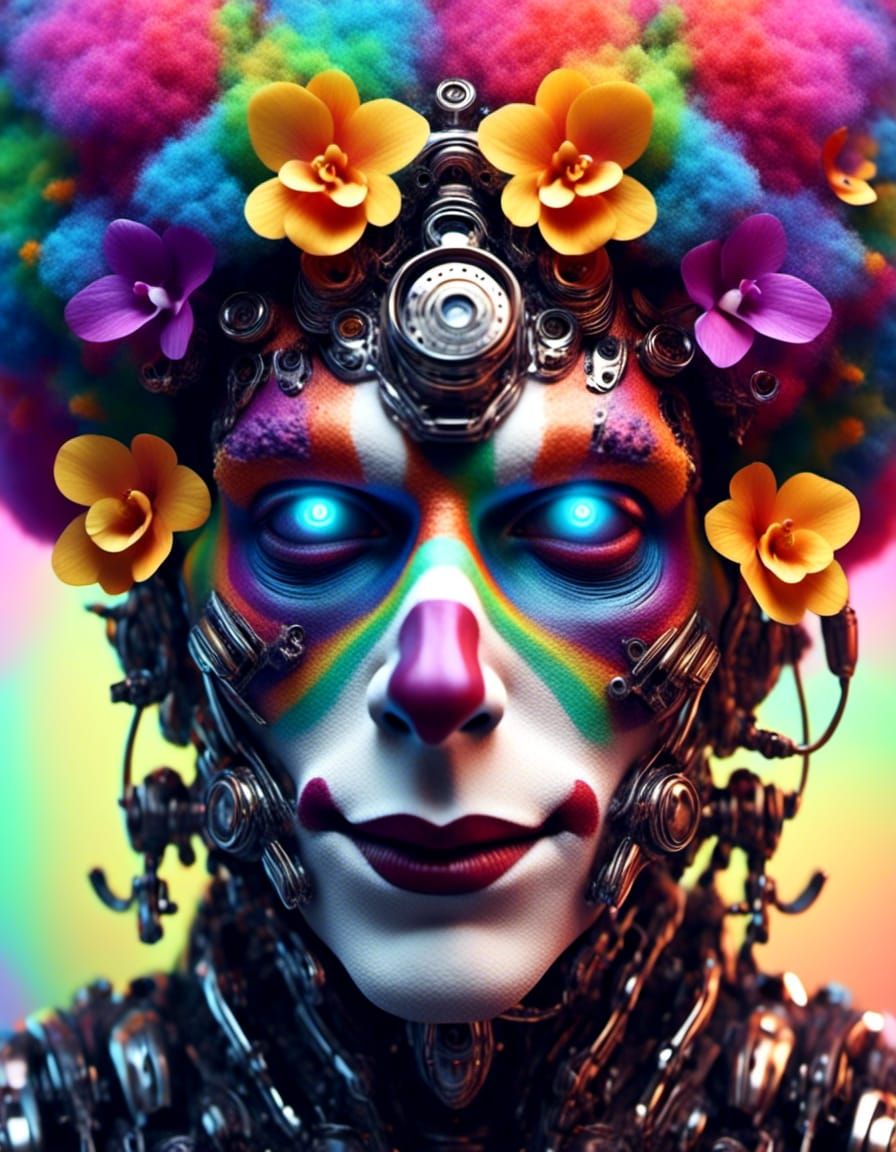 Rainbow Cyborg Clown with Caterpillar in Hyperreal Style