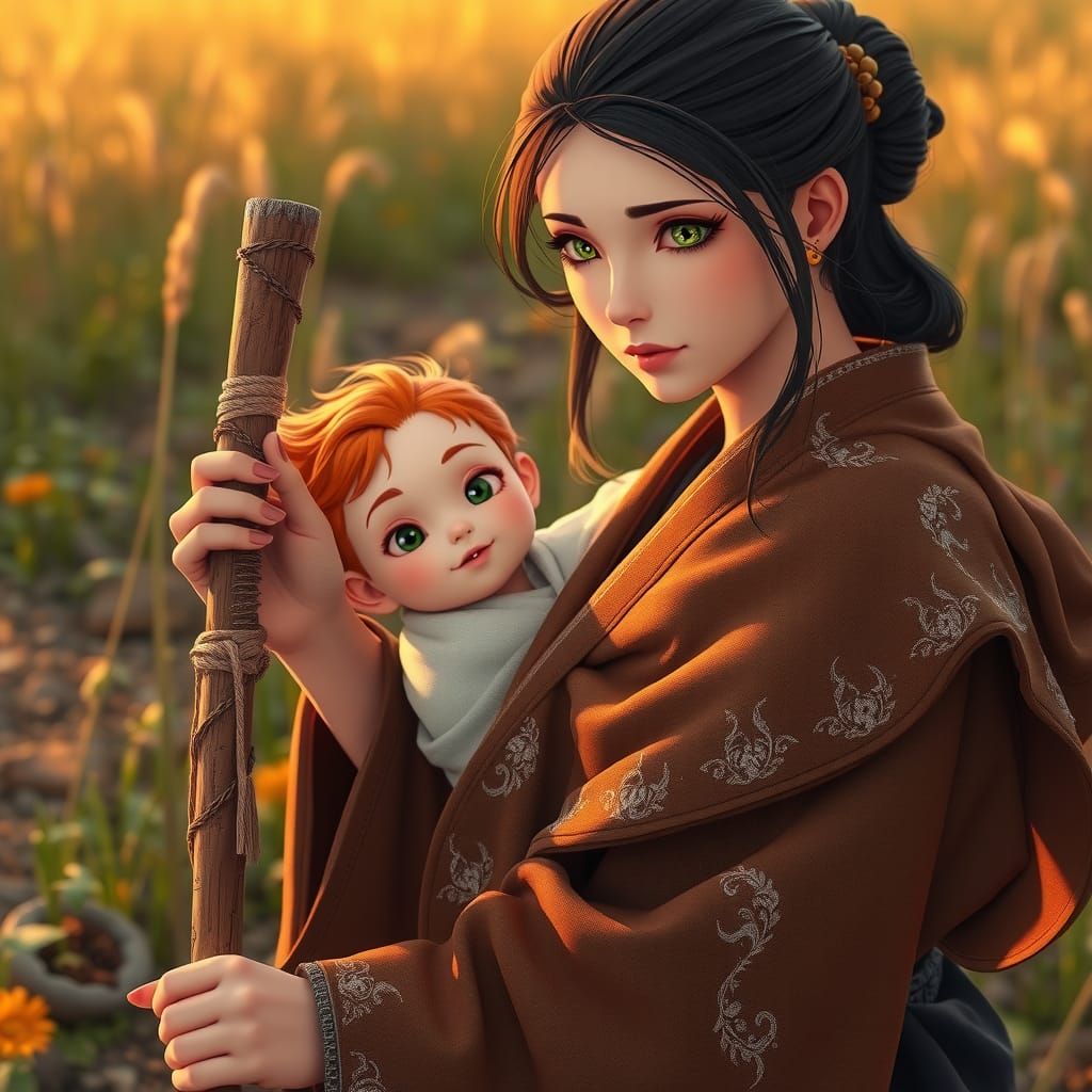 Serene Woman Cultivating Land in Anime Style