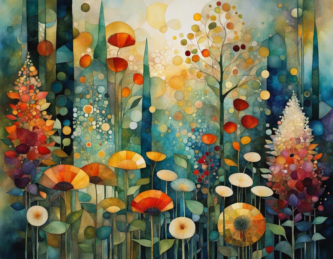 Geometric Garden Landscape in Alcohol Ink Style