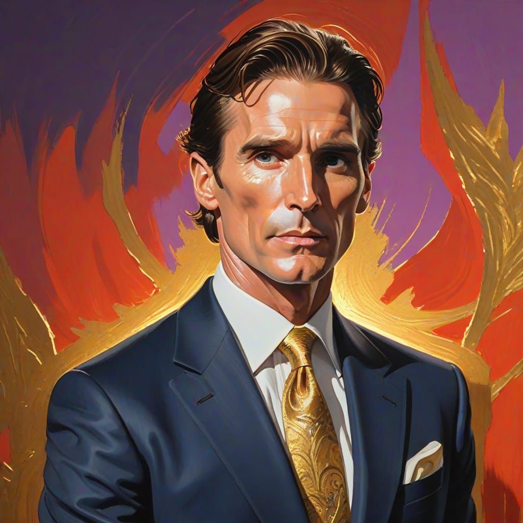 Patrick Bateman in Gouache Painting with Golden Lighting