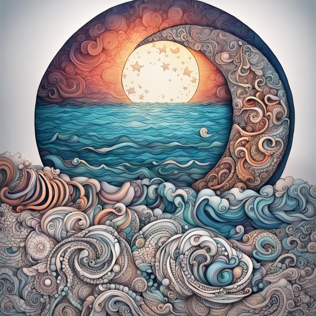 Hyperrealistic Zentangle Moon Rising Over Ocean