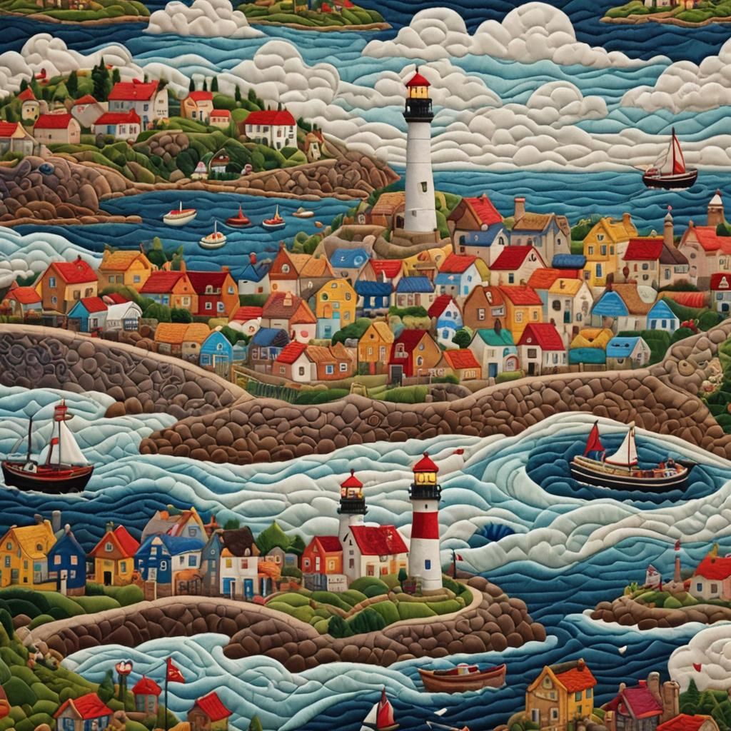 Quilted Fishing Village with Lighthouse Embroidery