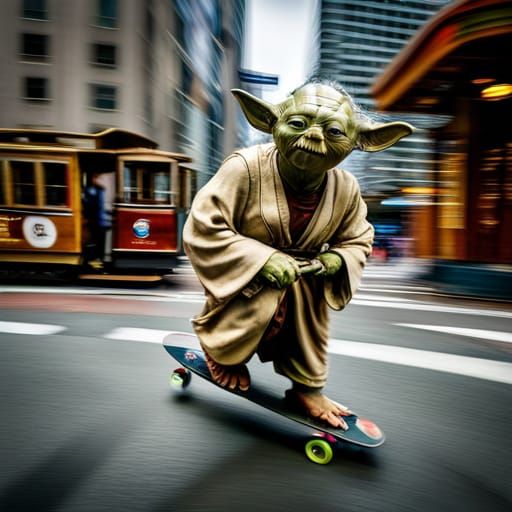 Yoda Skateboarding in San Francisco: Hyperrealistic Photogra...