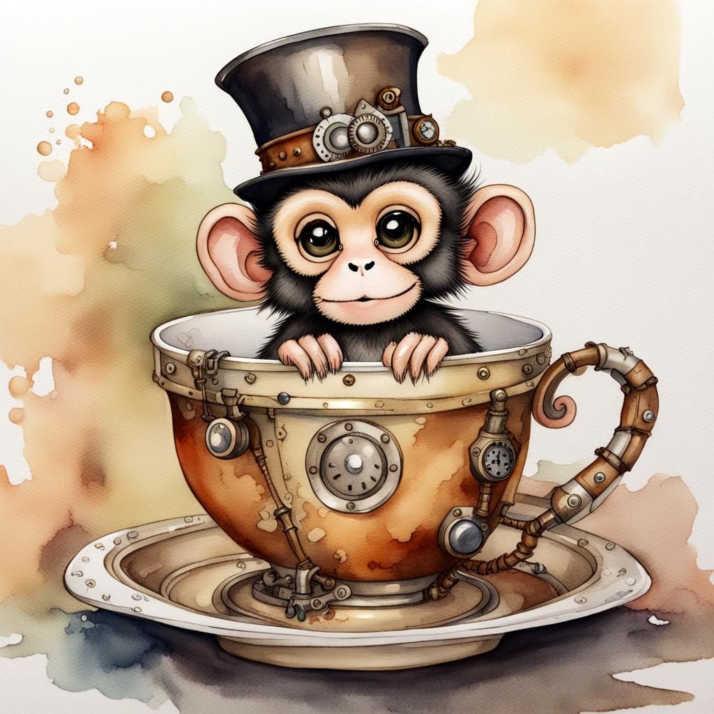 Chibi Monkey in Steampunk Teacup Watercolor