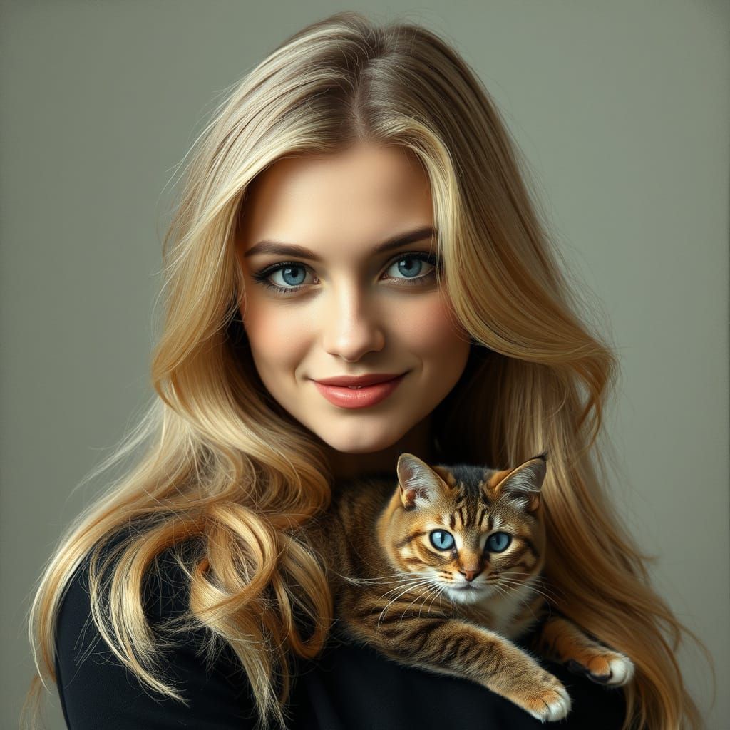 Woman with Long Blonde Hair and Enigmatic Smile with a Persi...