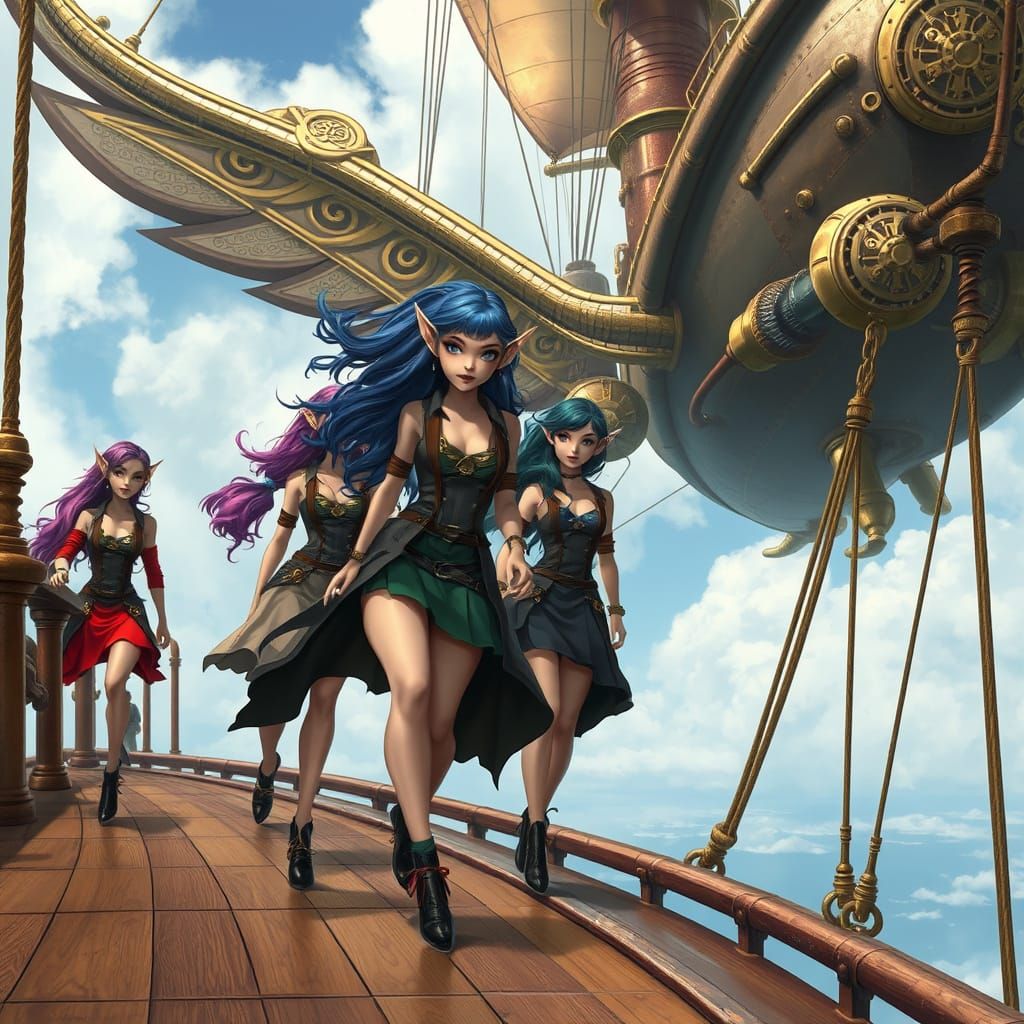Steampunk Airship Soars with Sea Elf Crew