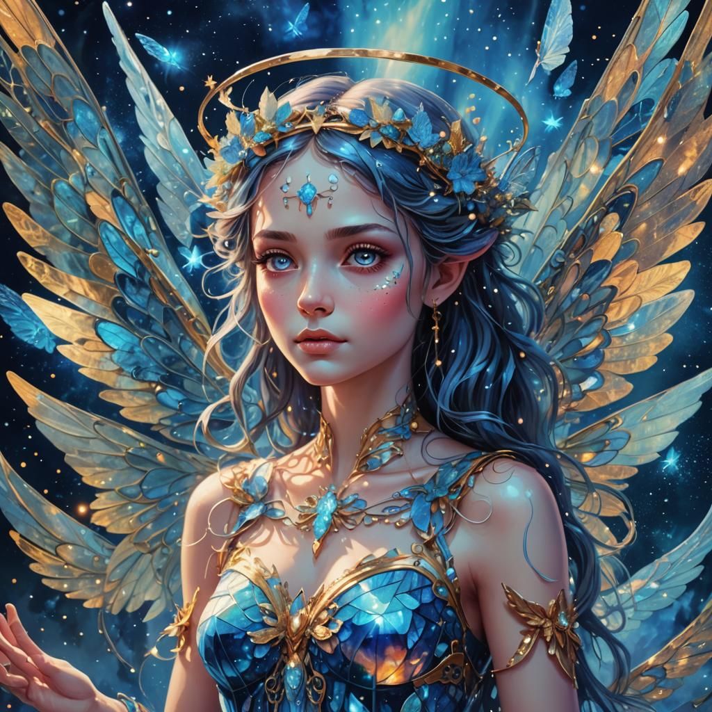 Blue Four-Winged Fairy: Holographic Cosmic Illustration