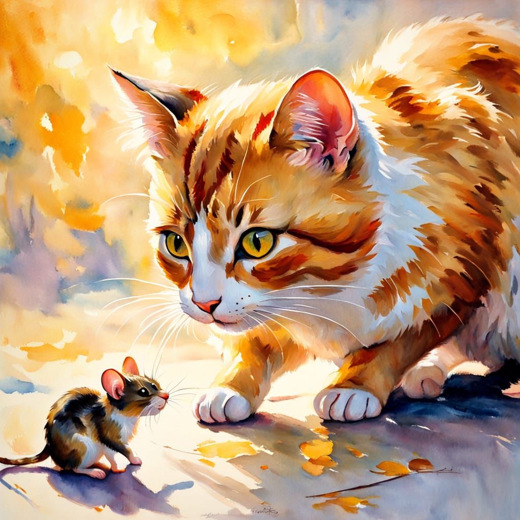 Paper Cat and Mouse Play in Impressionist Style