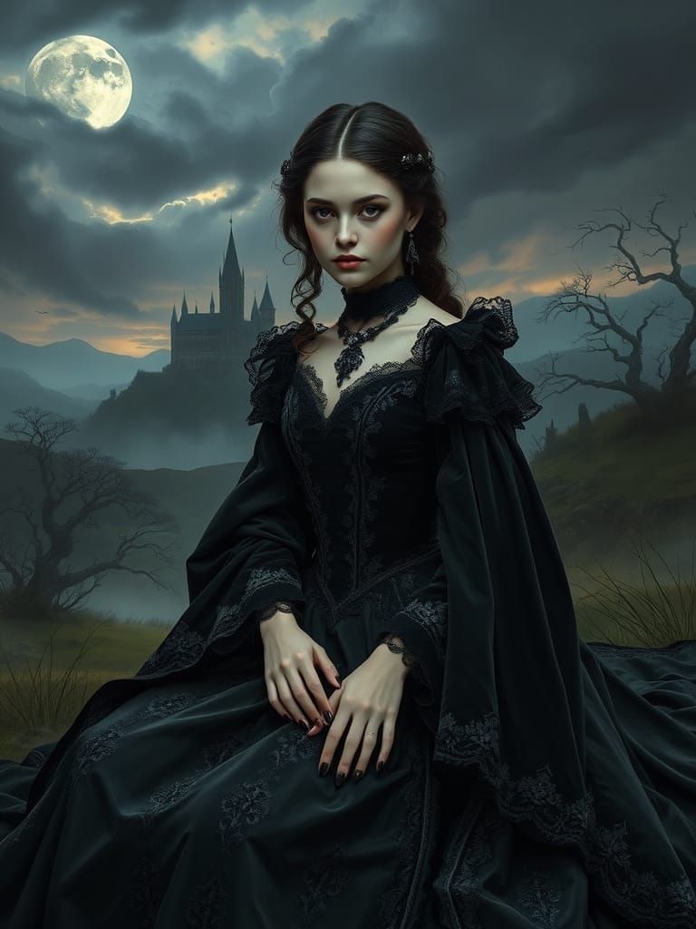 Gothic Princess in a Storm-Lit Landscape