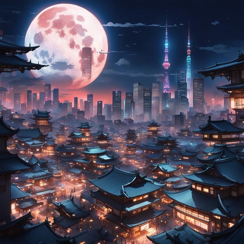 Neo-Futuristic Japan City Shines Under Broken Moon