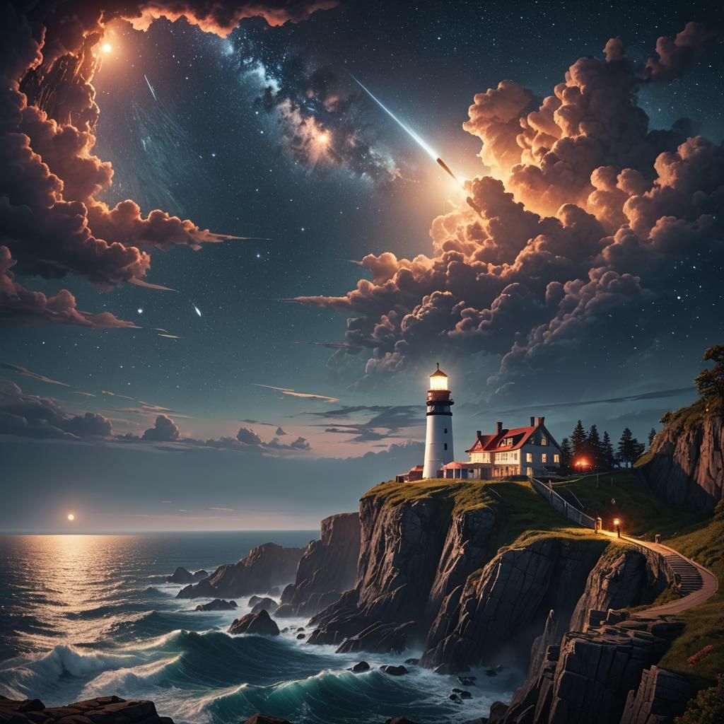 Cliffside Lighthouse Under Night Sky: Fantasy Concept Art