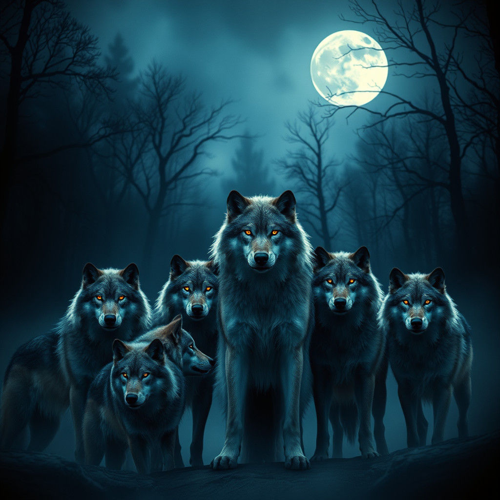 Majestic Wolf Pack Honors Alpha Under Moonlit Sky