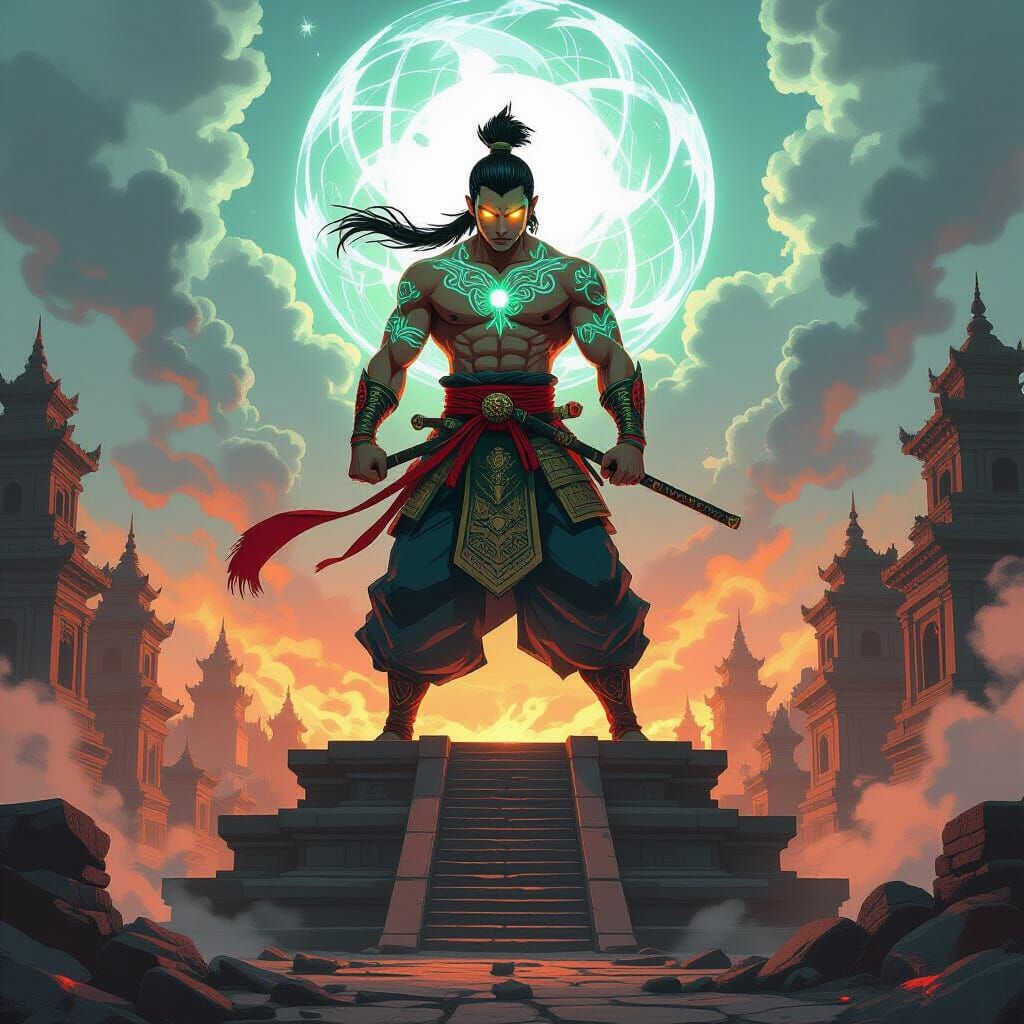 Muay Thai Warrior on Ziggurat in Anime Style