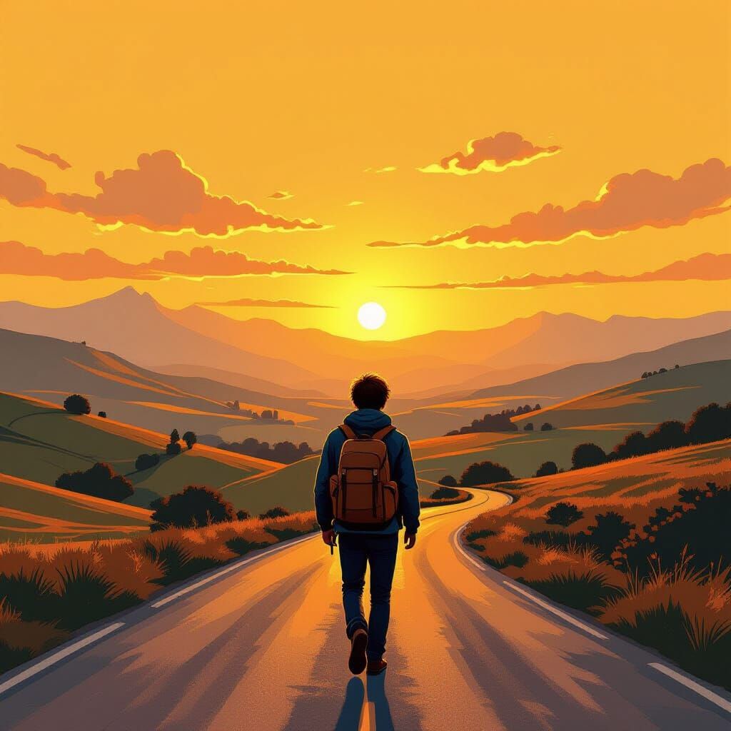 Nostalgic Traveler at Sunset, Digital Art