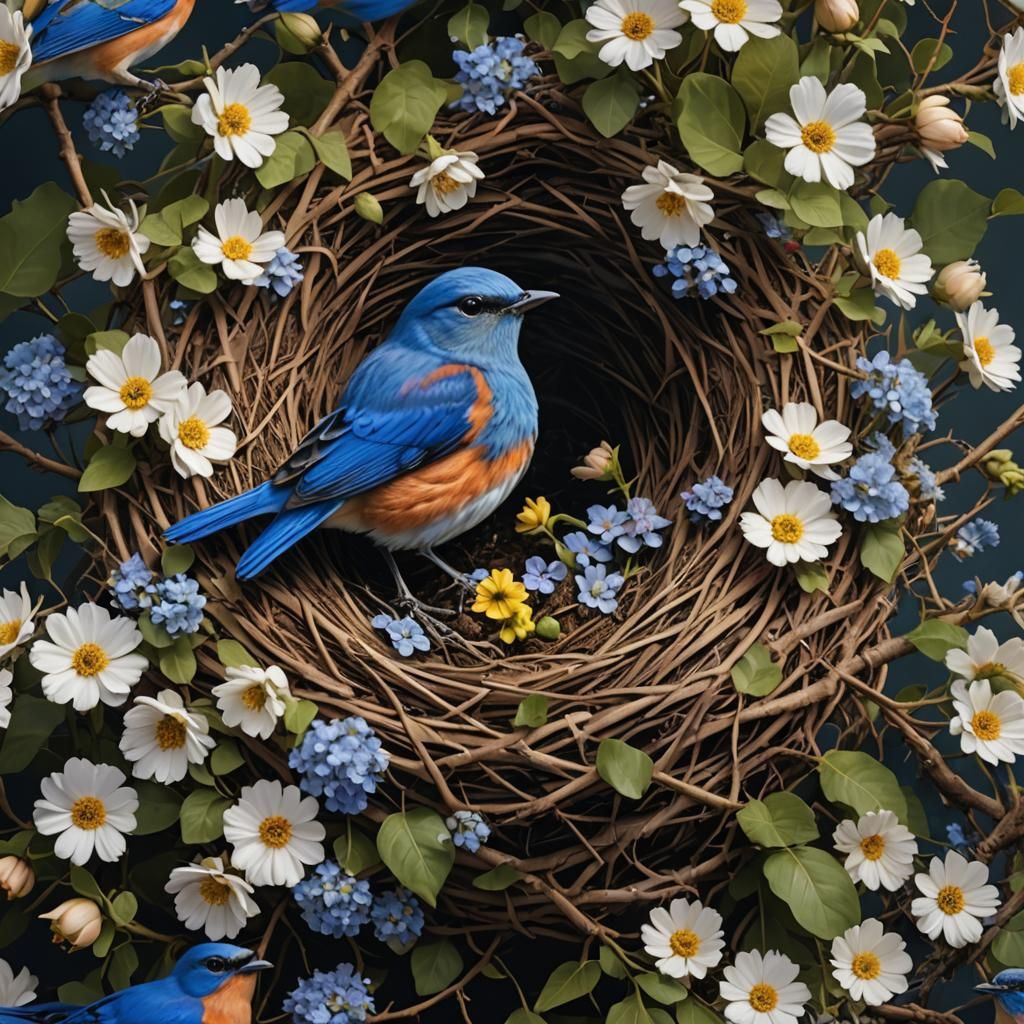 Blue Bird in Floral Nest, 8K Resolution