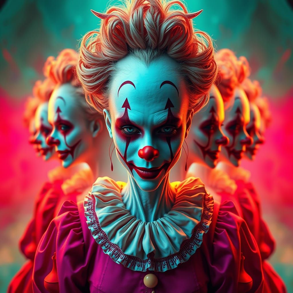 Hyper-Realistic Surrealist Clown-Lady in Quad Mirror Dimensi...