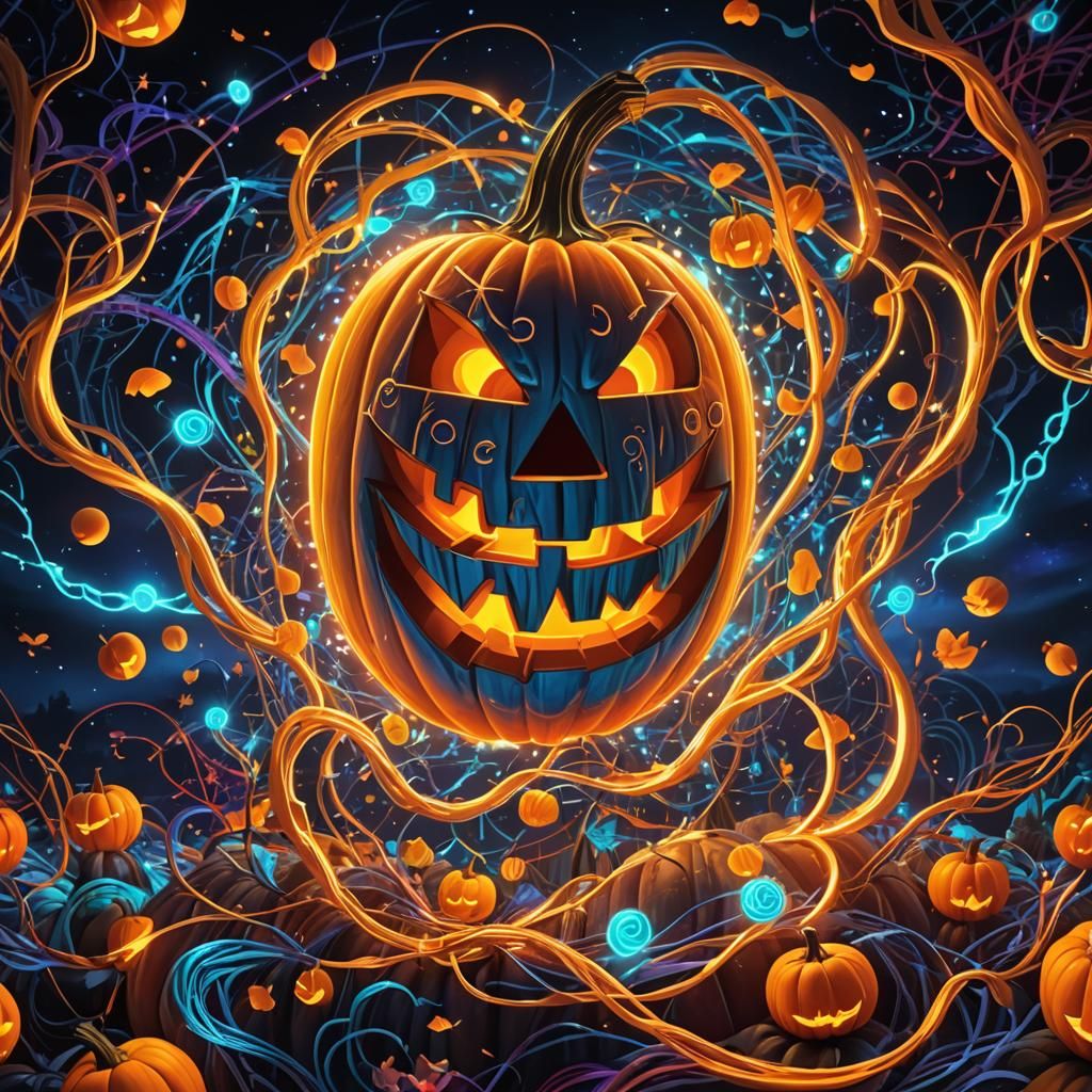 Vibrant Cosmic Jack-o-Lantern in 3D Digital Art
