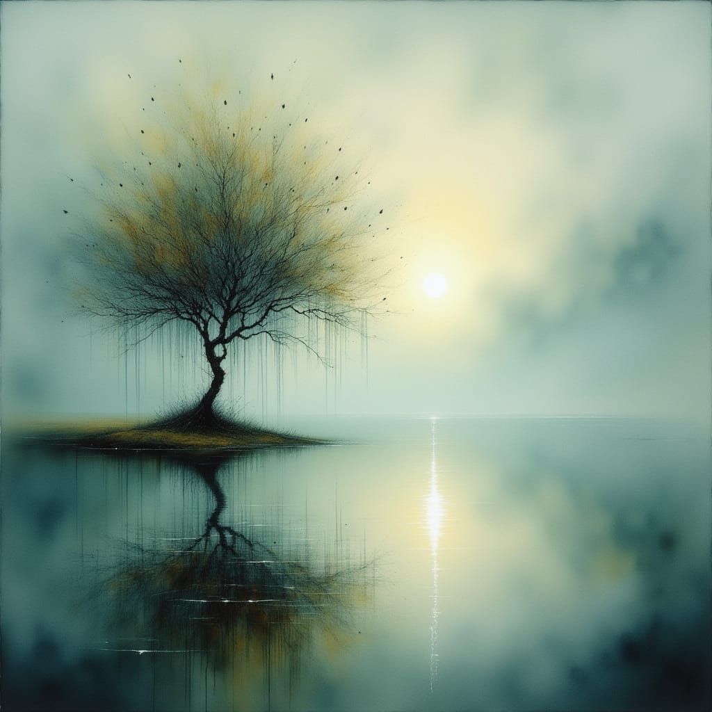 Serene Lake at Dawn with Ancient Tree