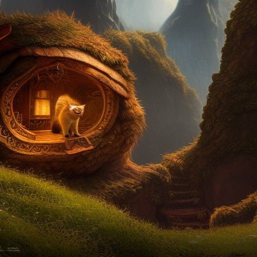 Fantastical Hobbit Cat Matte Painting