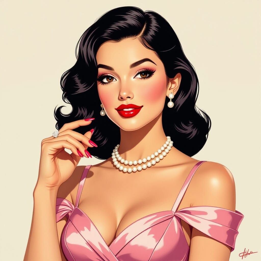 1950s Retro Illustration of Woman in Pink Dress
