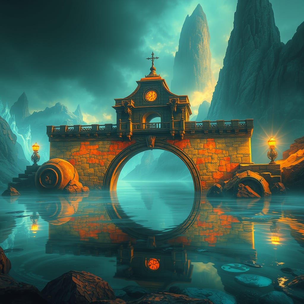 Stone Bridge to Enchanted Realm in Vibrant Colors